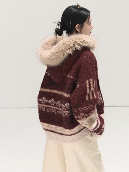 Detachable Fur-Collar Wool Hooded Cardigan