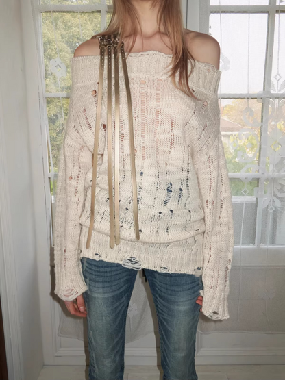 Off-Shoulder Belt Distressed Cable Knit Sweater