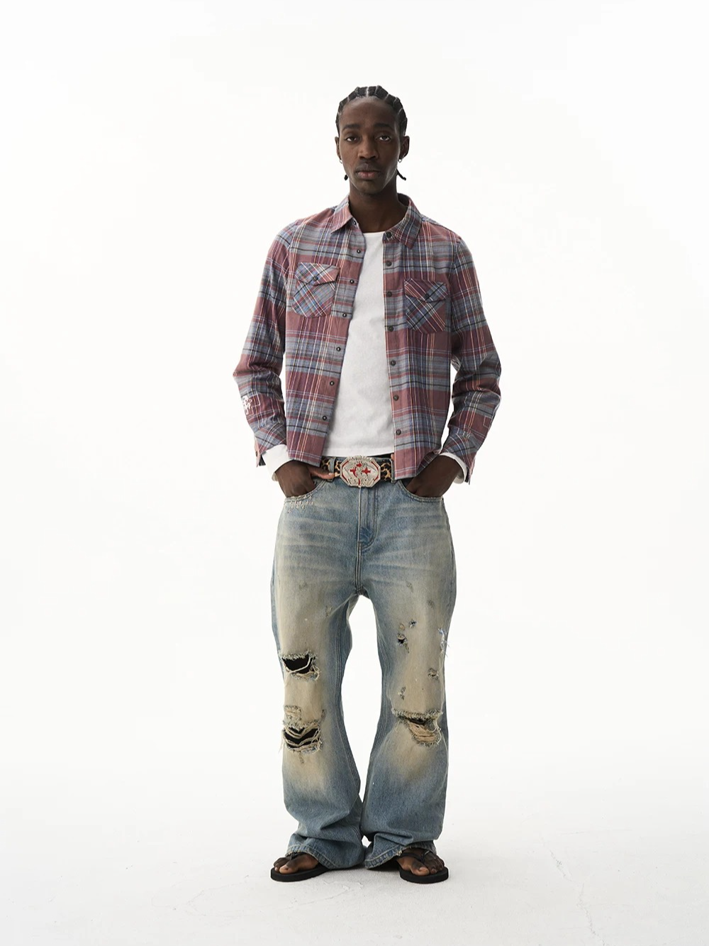 Cropped Embroidered Check Shirt