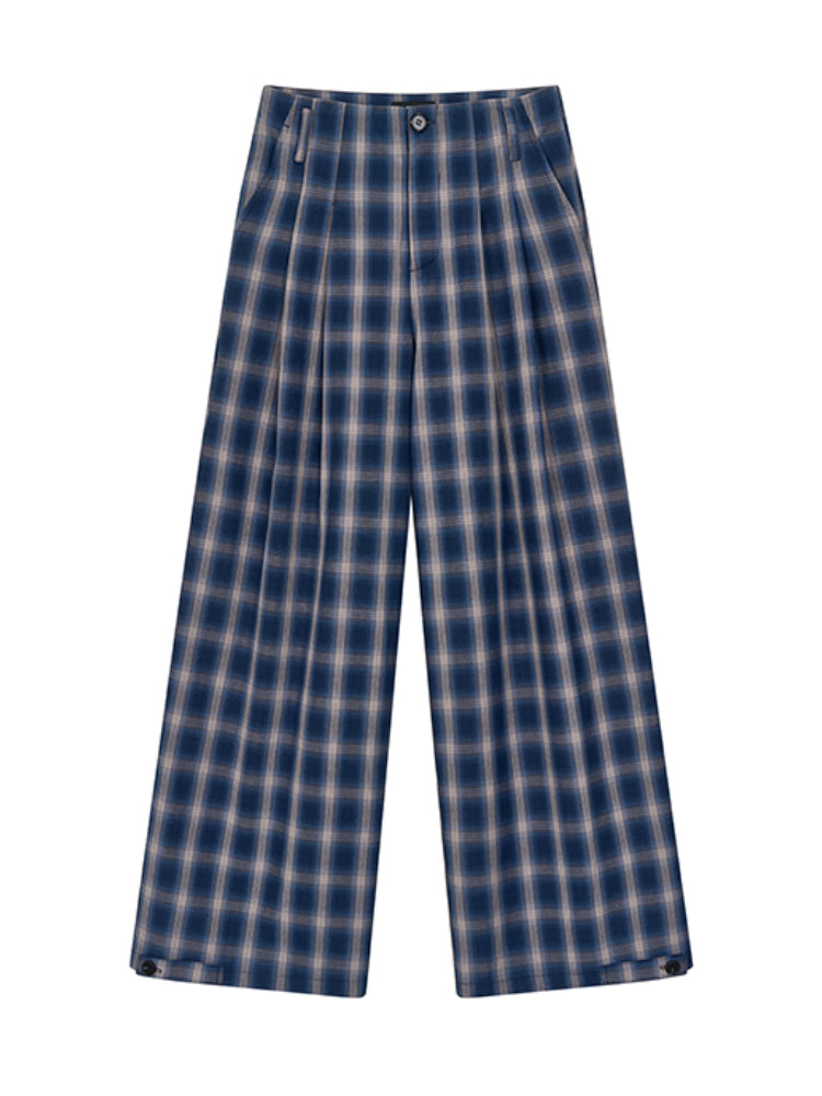 Wrinkle Straight-Leg Plaid Casual Pants