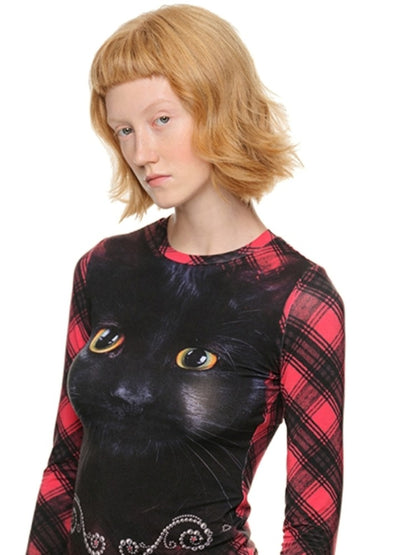 Cat Print Long-Sleeve Crewneck T-Shirt