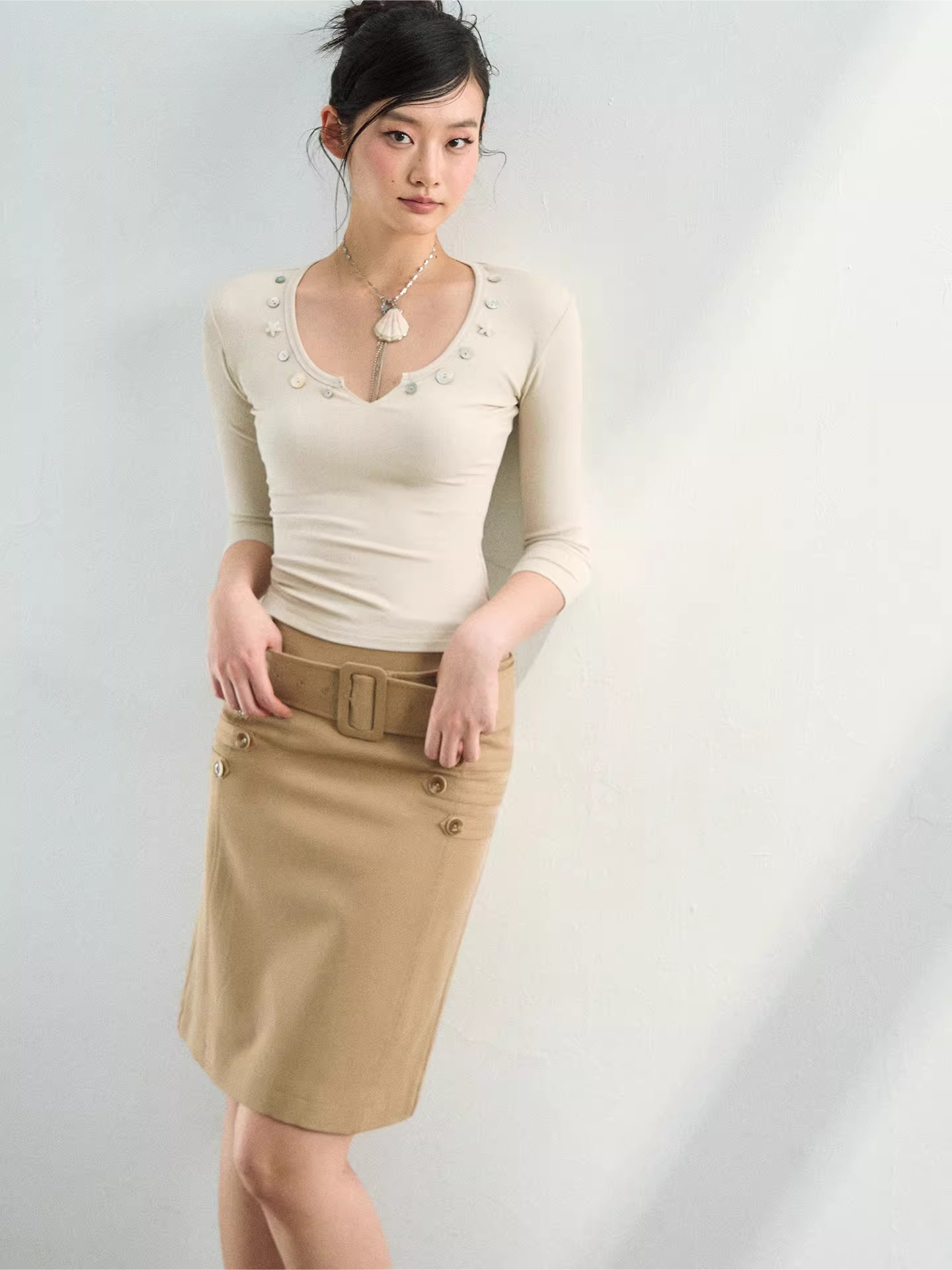 Belted A-Line Midi Skirt