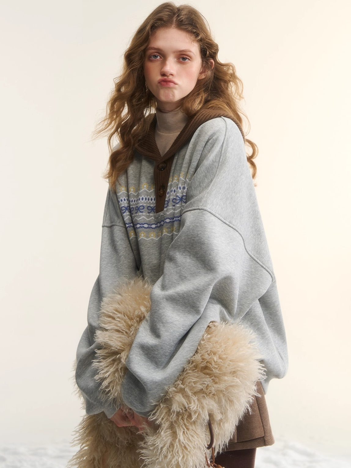 Contrast Patchwork Hooded Fleece Sweatshirt