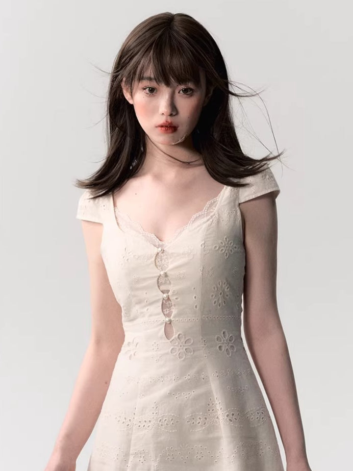 Cream White Lace-Panel Slim Fit Textured Dress