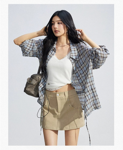 Vintage Plaid Drawstring Shirt