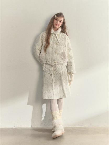 Floral Corduroy Puffer Jacket &amp; Pleated Skirt Set