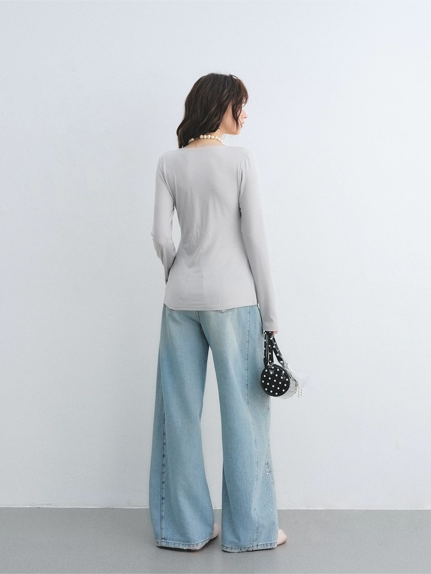 Lyocell Washed Rhinestone Curved-Leg Wide Denim Pants