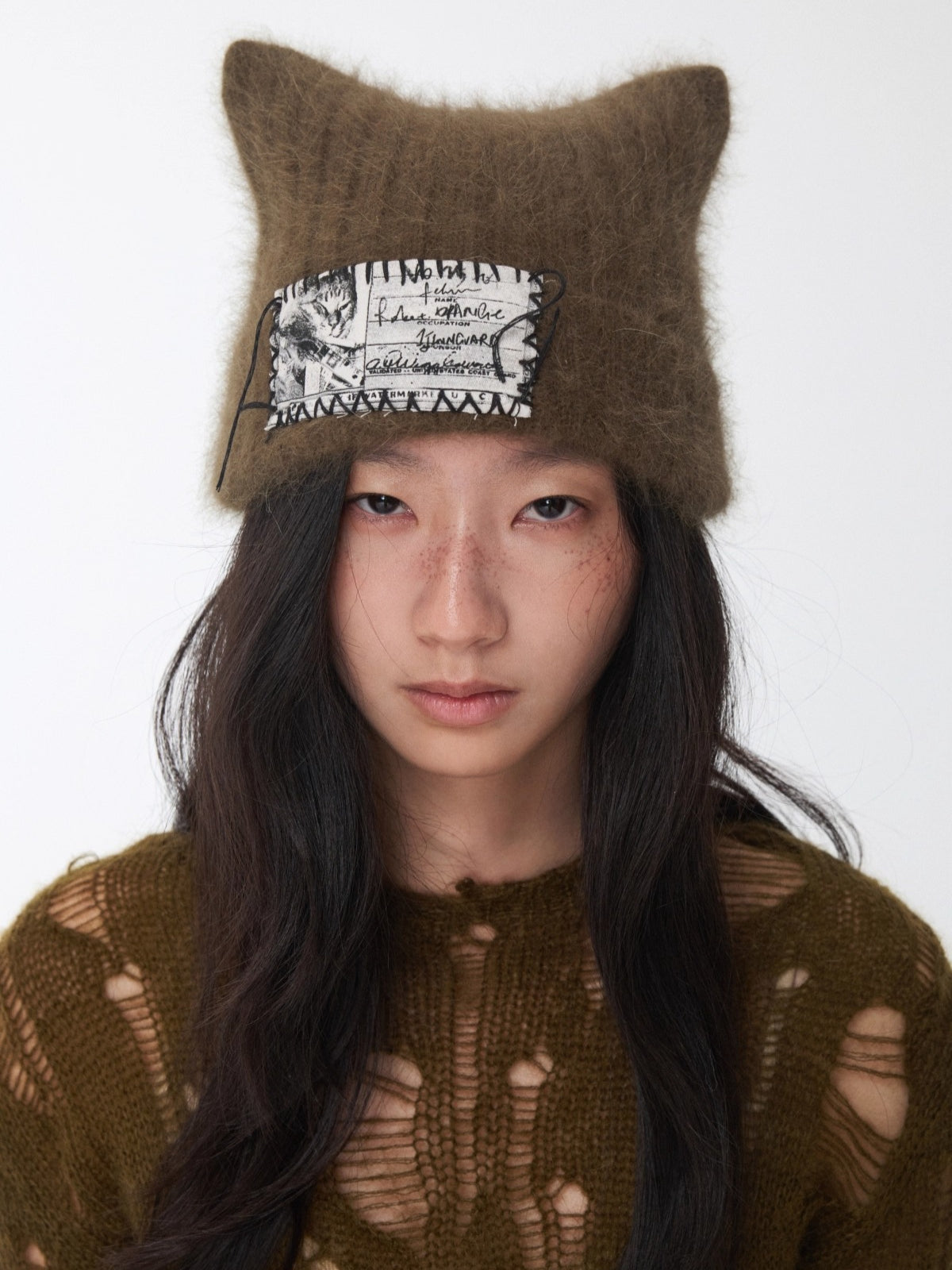 Hand-Stitched Cat-Ear Angora Knit Beanie