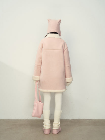 Pink Snowflake Embroidered Faux Shearling Coat