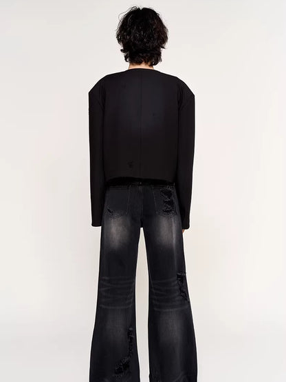 Washed Fringe-Edge Collarless Cropped Blazer