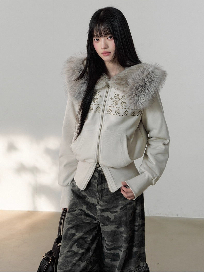 Vintage Rivet Embellished Fleece Hoodie Jacket