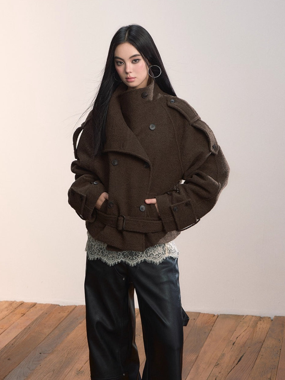 Contrast Double-Breasted Wool-Blend Belted Jacket