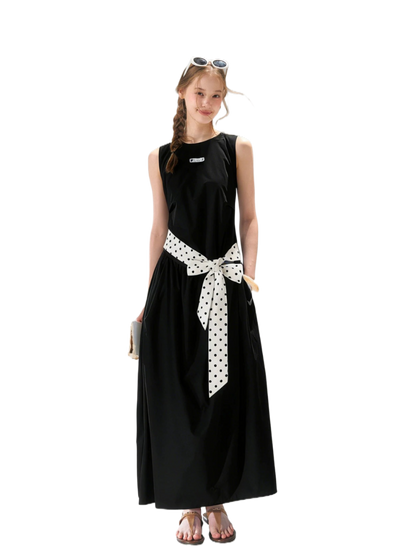 Polka-Dot Tie-Waist Sleeveless Midi Dress