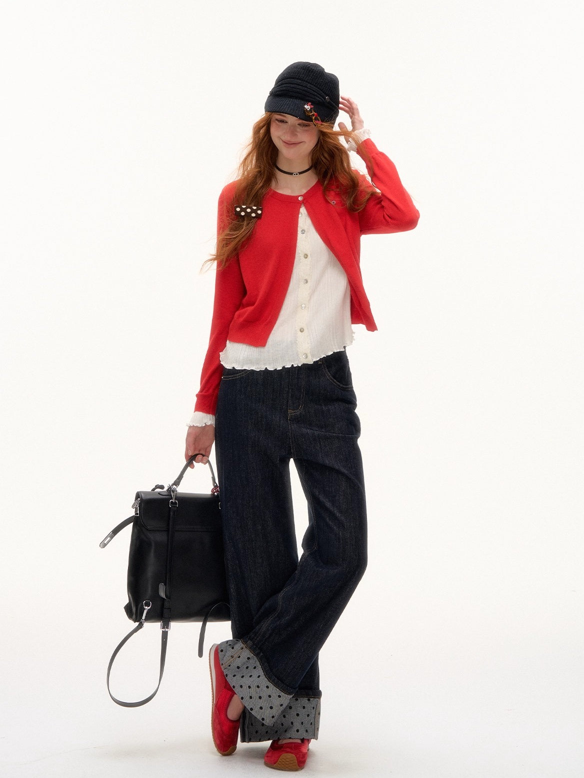 Contrast Cuff Polka Dot Denim Straight-Leg Jeans