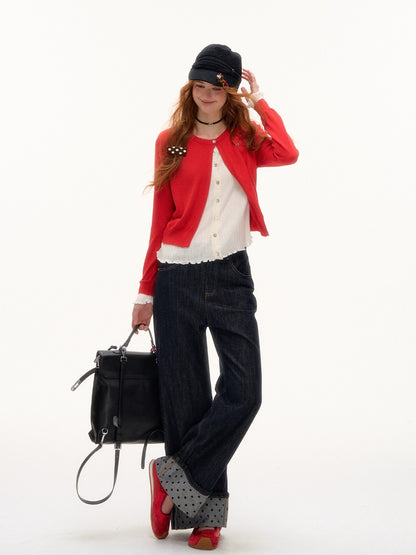 Contrast Cuff Polka Dot Denim Straight-Leg Jeans