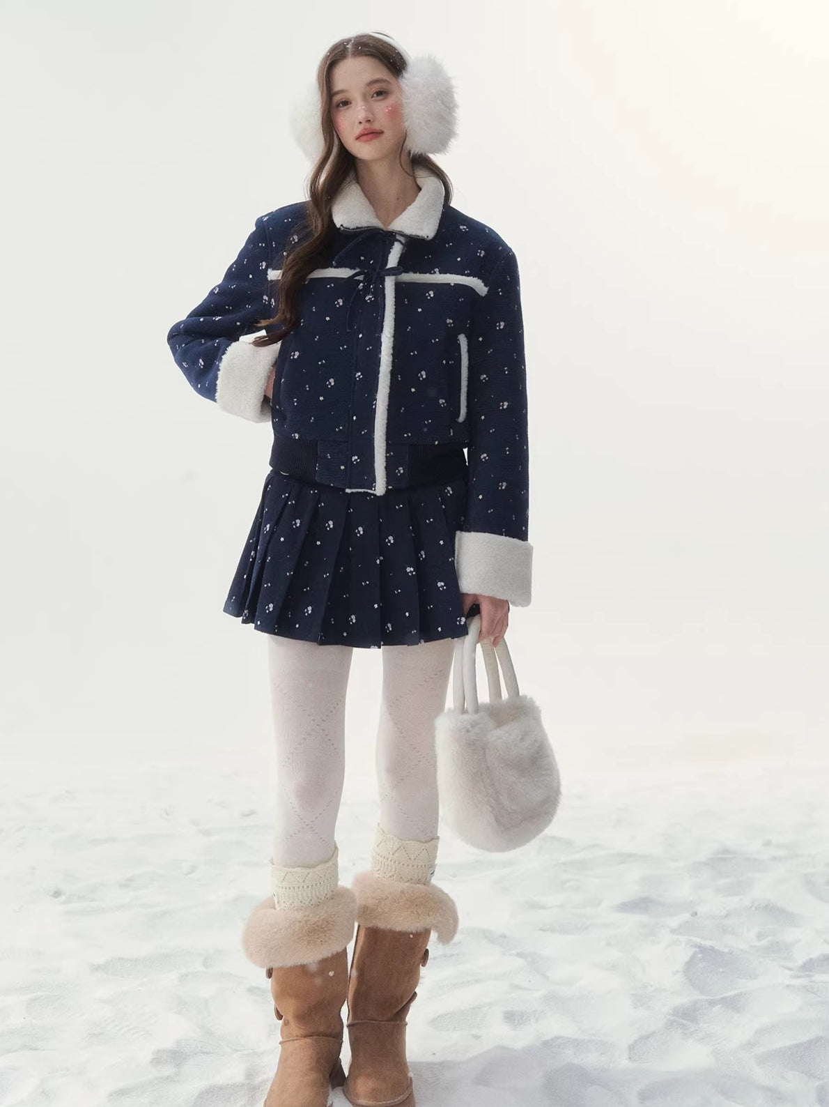 Shearling Patchwork Jacket Pleated Skirt Set