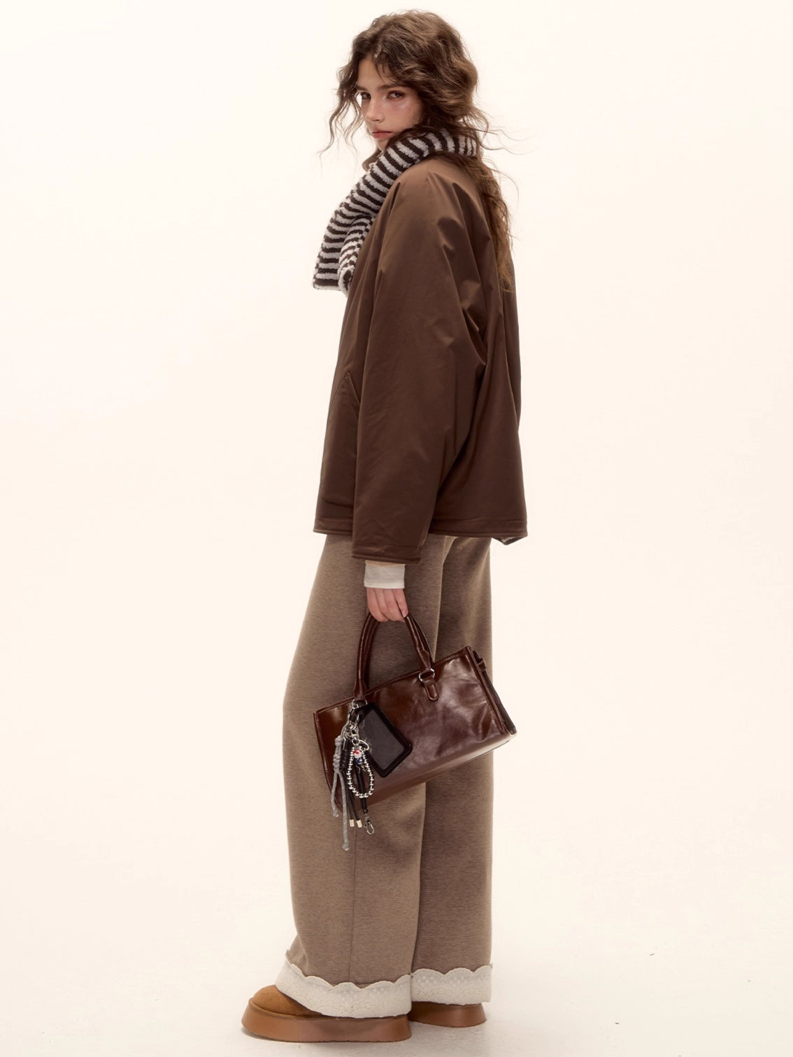 Reversible Striped Faux Scarf Detail Shearling Jacket