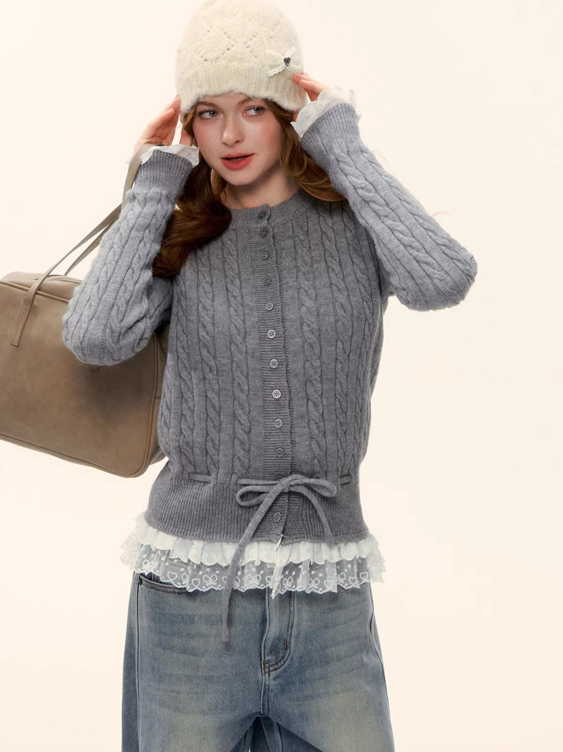 Cable Knit Lace-Hem Drawstring Sweater