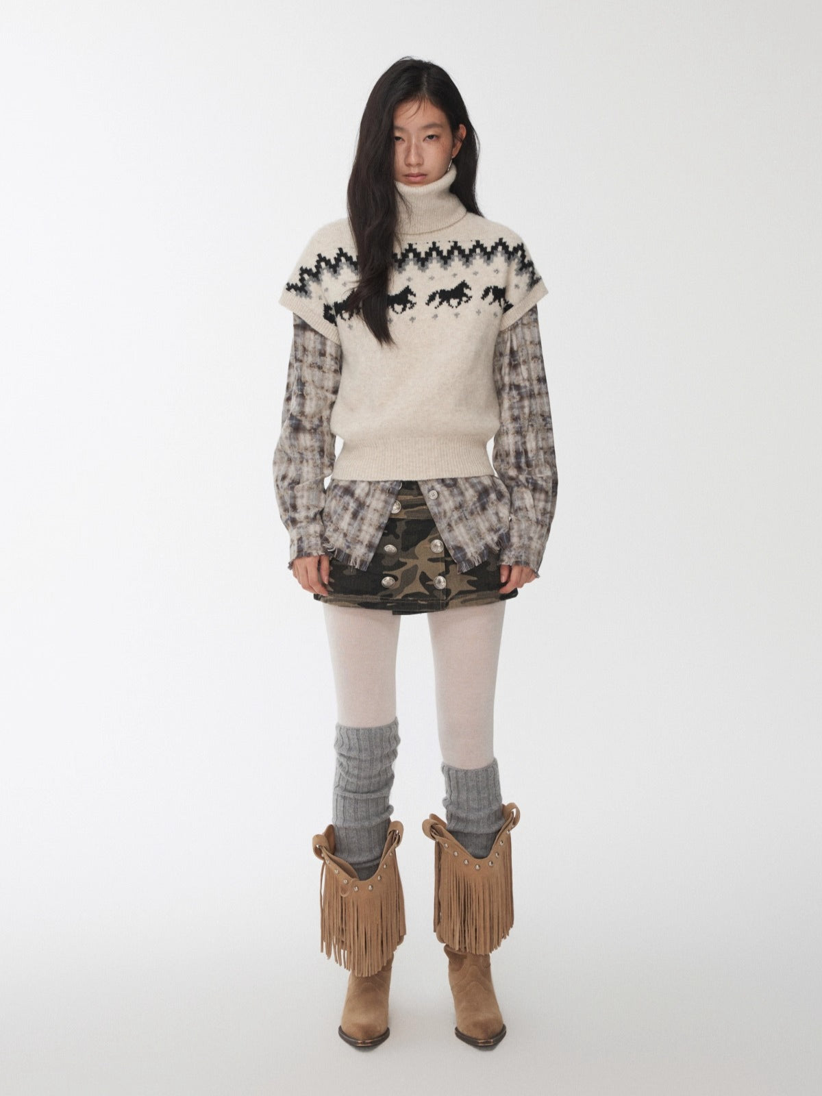 Fair Isle Pony Jacquard Turtleneck Knit Sweater