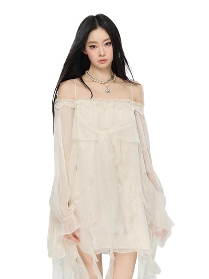 Lace-Trim Off-Shoulder Chiffon Dress