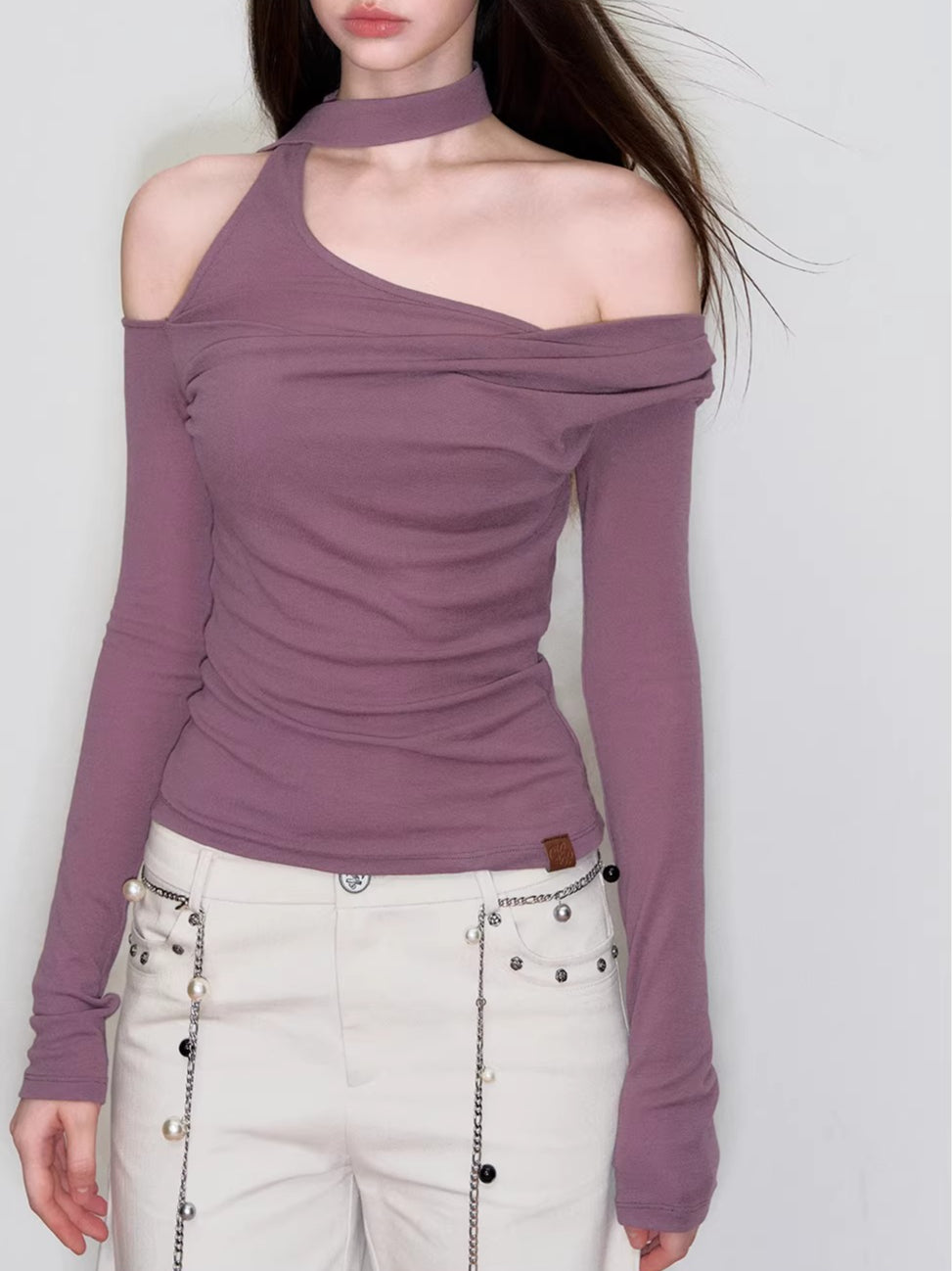 Asymmetric Off-Shoulder Knit T-Shirt