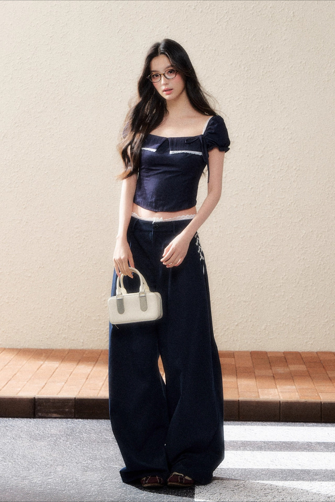 Midnight Square-Neck Puff Sleeve Crop Blouse
