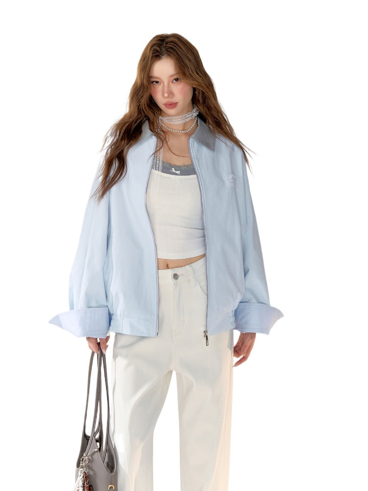 Light Blue Collar Color-block Workwear Jacket