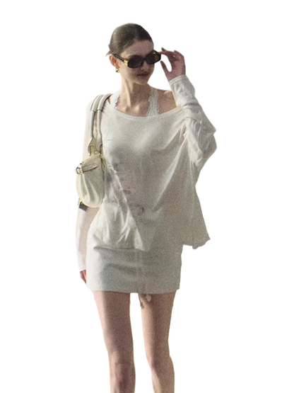 Asymmetric Wool-Modal Lightweight Off-Shoulder Knit T-shirt