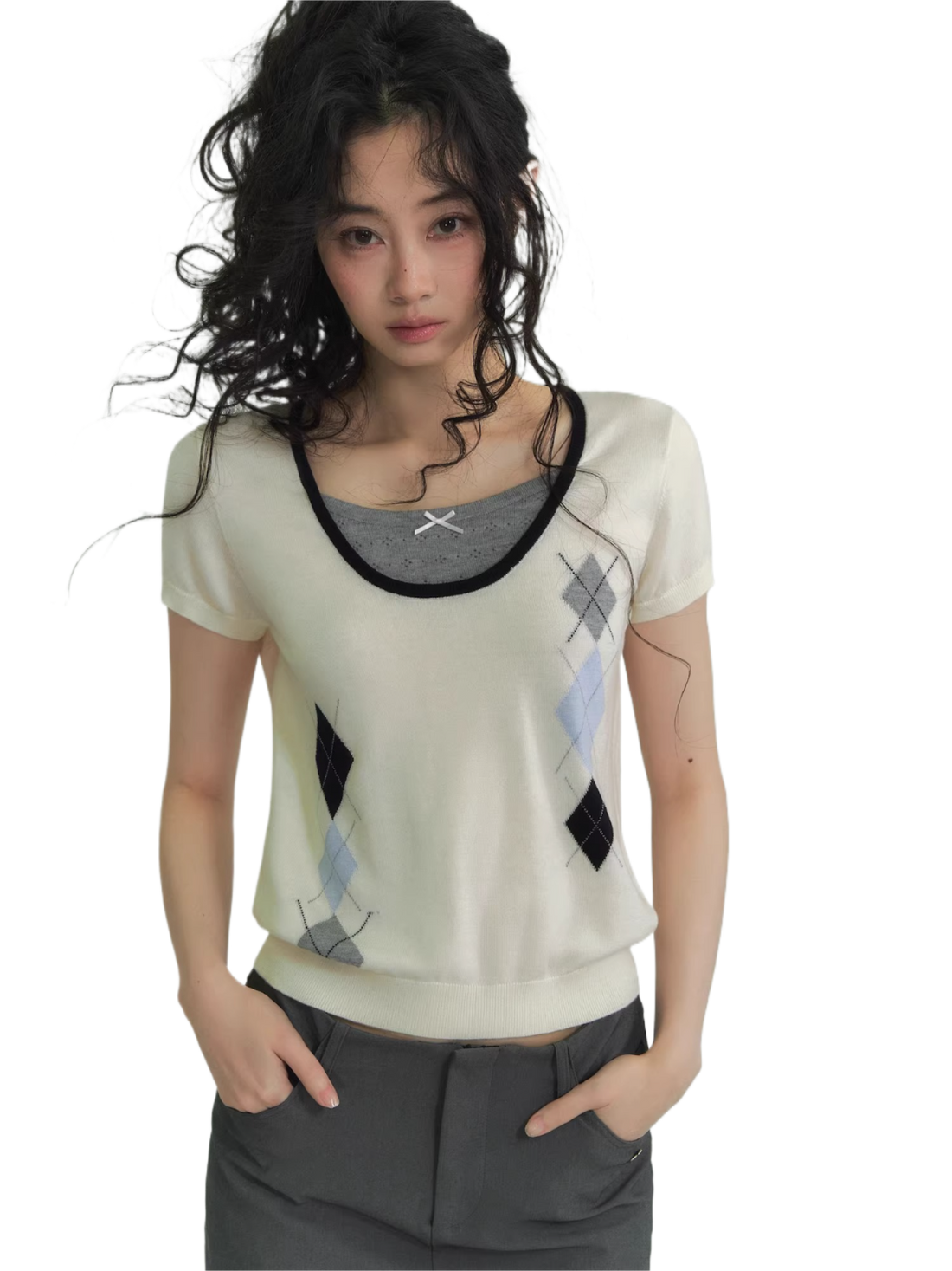 Argyle Color-Block Layered Short Sleeve Top