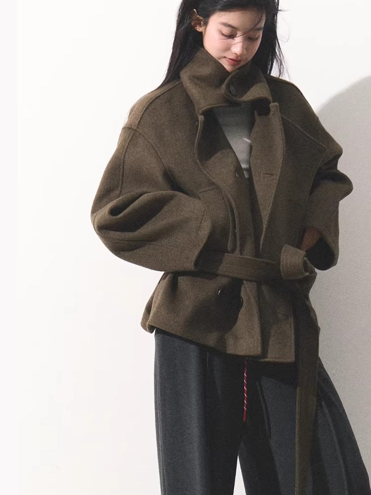 Waist-Defining Silhouette Stand-Collar Wool Coat