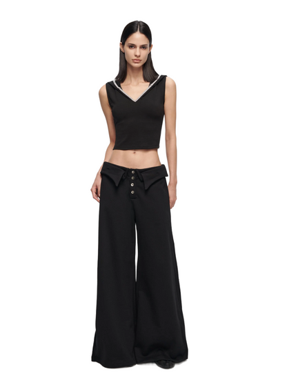 Double-Layer Collar Wide-Leg Pants In Black