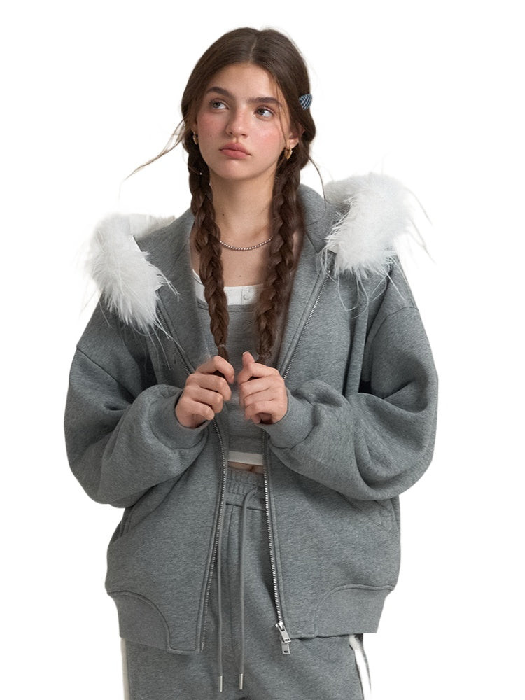 Detachable Fur Collar Double Zipper Hoodie