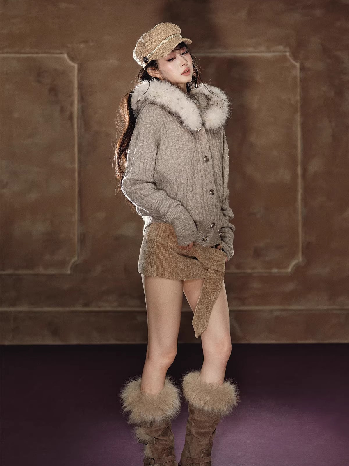 Shimmer Cable-Knit Hooded Cardigan