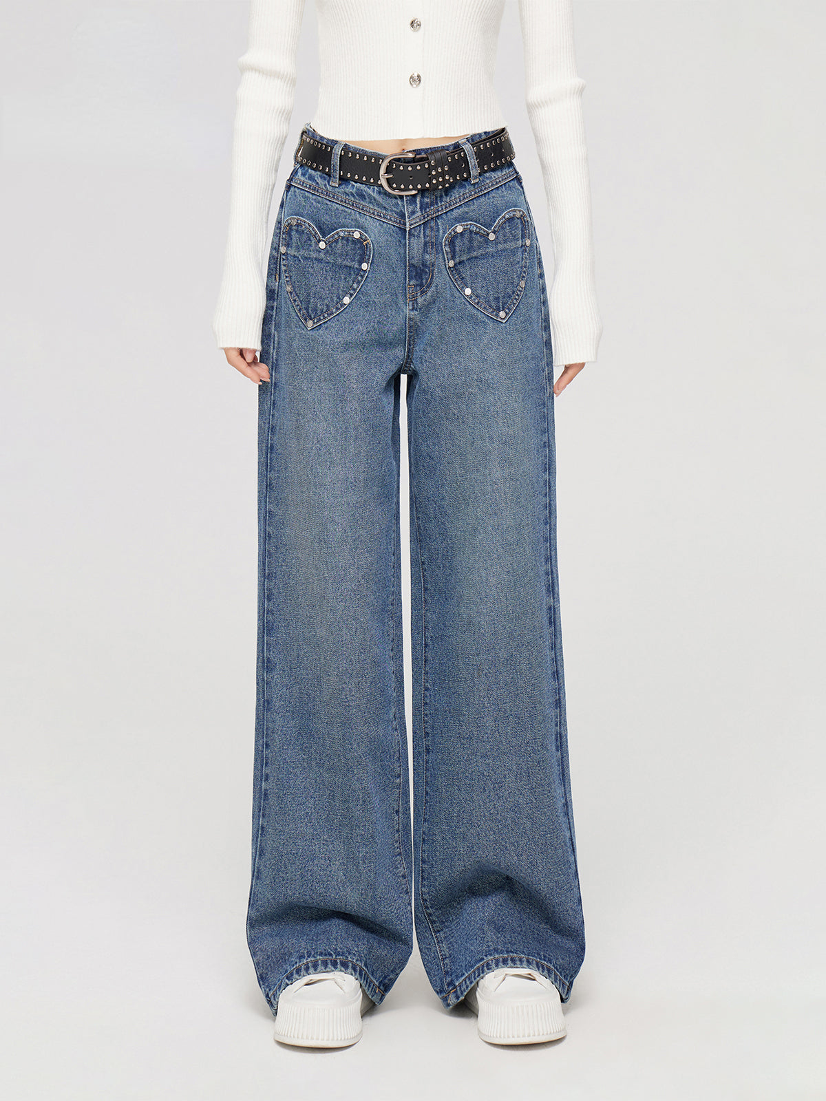 Heart-shaped Pocket Wide Leg Jeans - CHINASQUAD