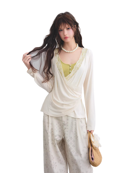 Tencel Lace Contrast Layered Cross-Drape Blouse