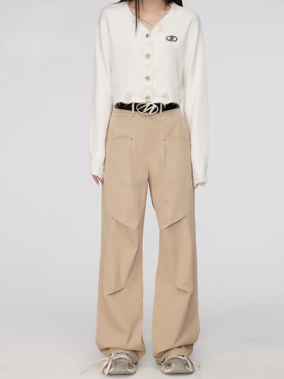 Black &amp; Khaki Star Pleated Utility Wide-Leg Pants - CHINASQUAD