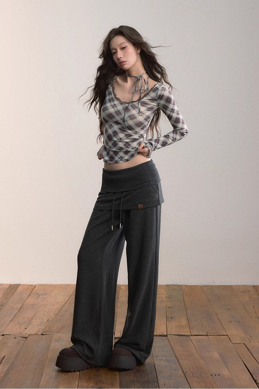 Folded Waist Skirt-Hem Wide-Leg Sweatpants