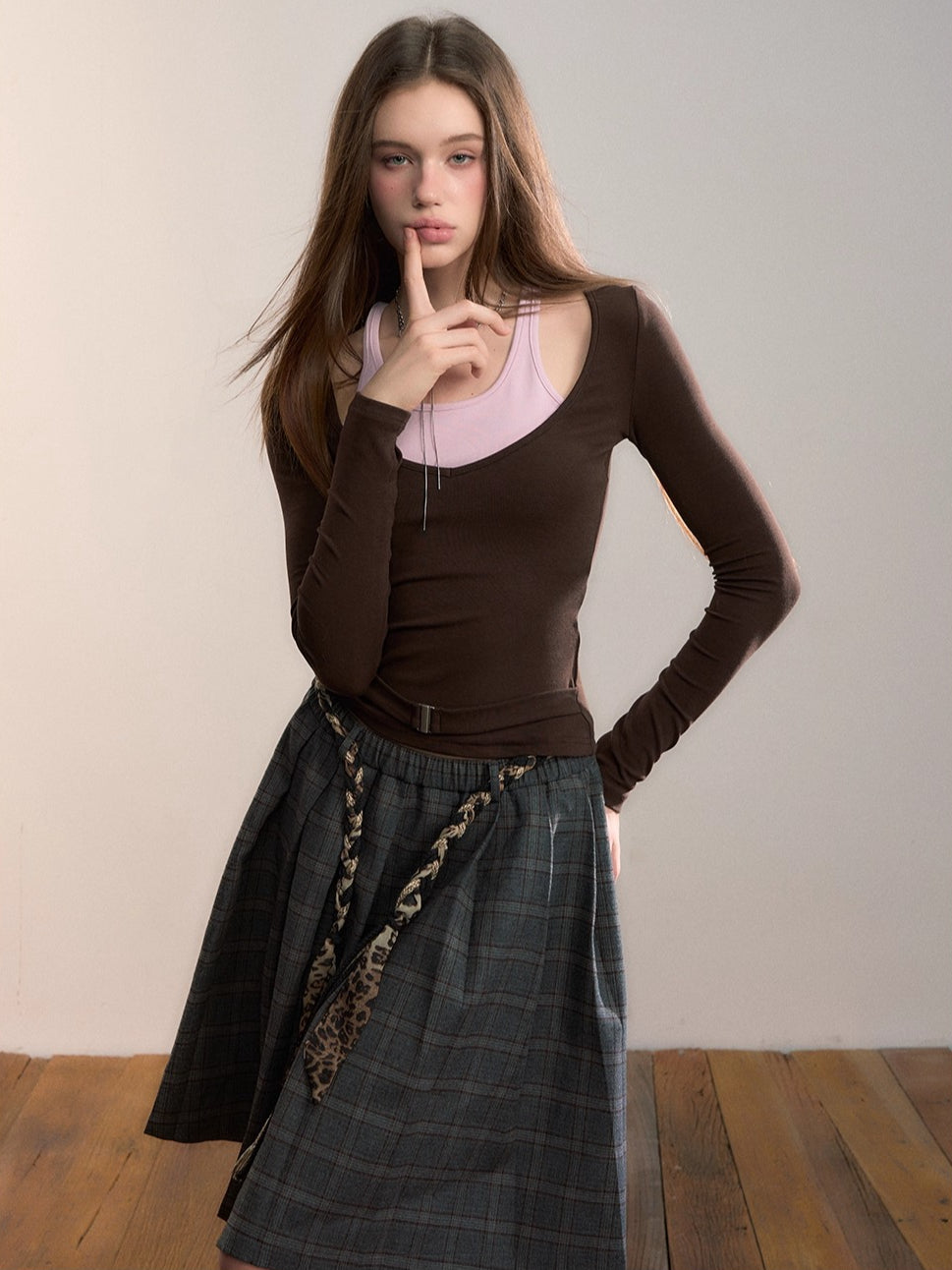 Belted Contrast Panel Knit Layered T-Shirt