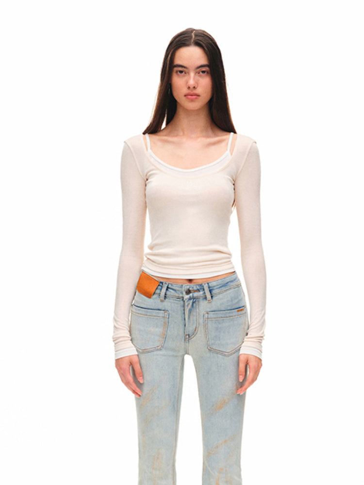 Color-block Two-piece Integrated Strap Layered T-shirt - CHINASQUAD