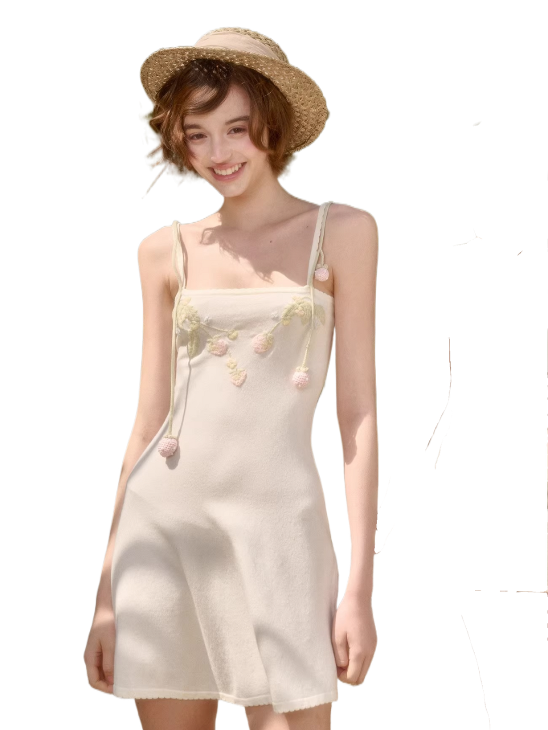 White Strawberry Embroidered Soft Knit Three-Piece Set