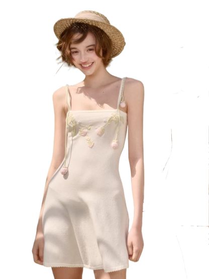 White Strawberry Embroidered Soft Knit Three-Piece Set