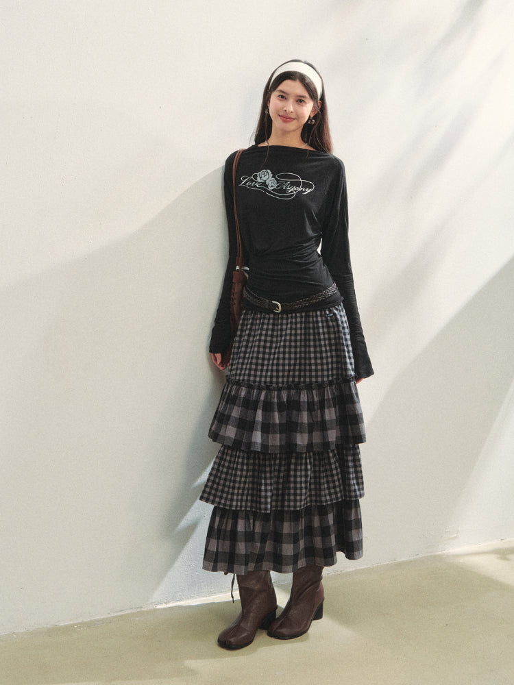 Plaid Patchwork Lace Waist Layered Cake Skirt - CHINASQUAD