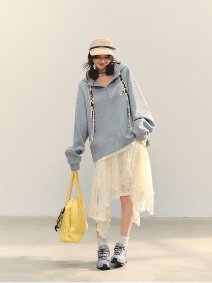 Fake Two-Piece Flower Embroidery Hat Cord Pullover Hoodie - CHINASQUAD