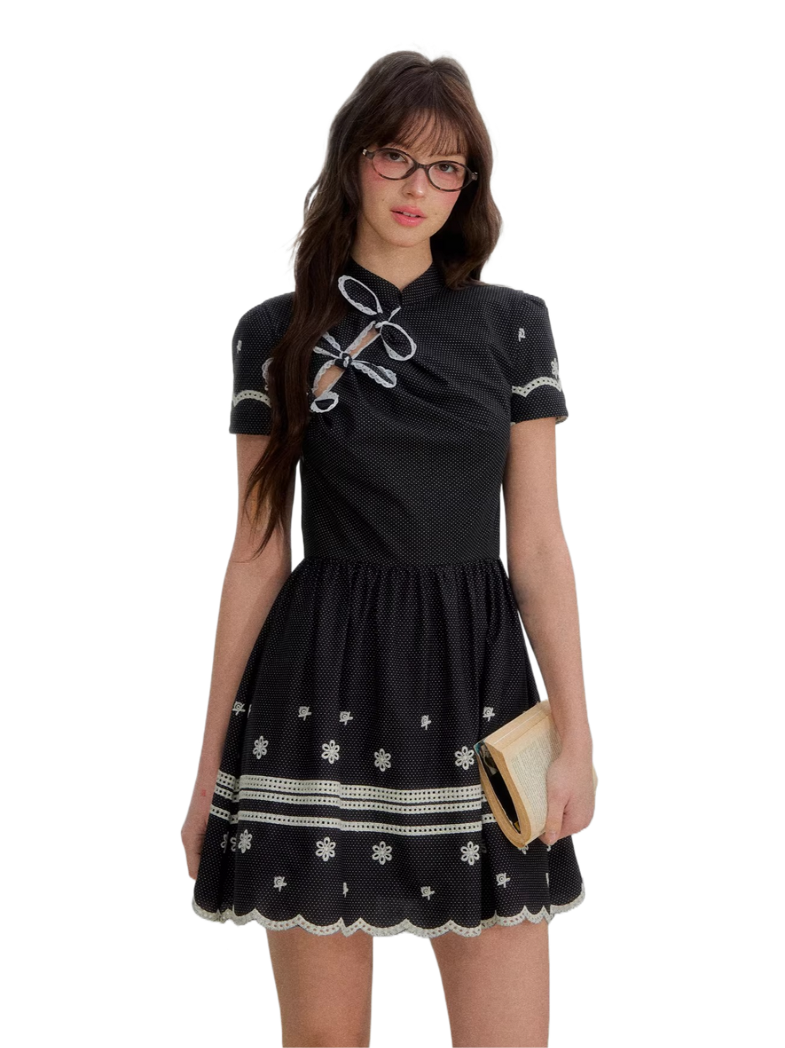 Polka Dot Embroidered Bow Cheongsam Dress
