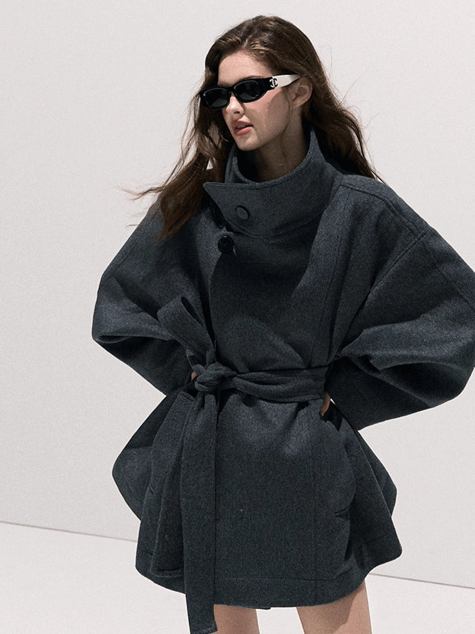 Stand-Collar Pure Wool Tailored Coat