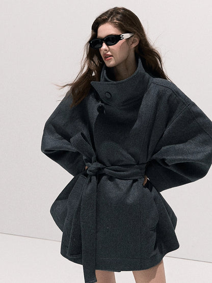 Stand-Collar Pure Wool Tailored Coat