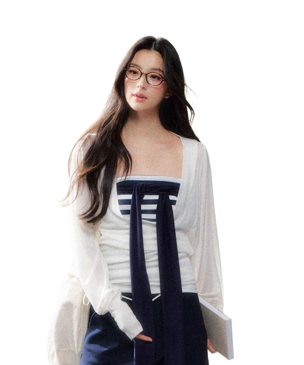 Striped Corset Tube Top &amp; Sheer Pullpver Set