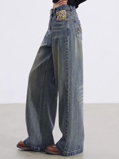 Leopard-Print Panelled Wide-Leg Denim Pants