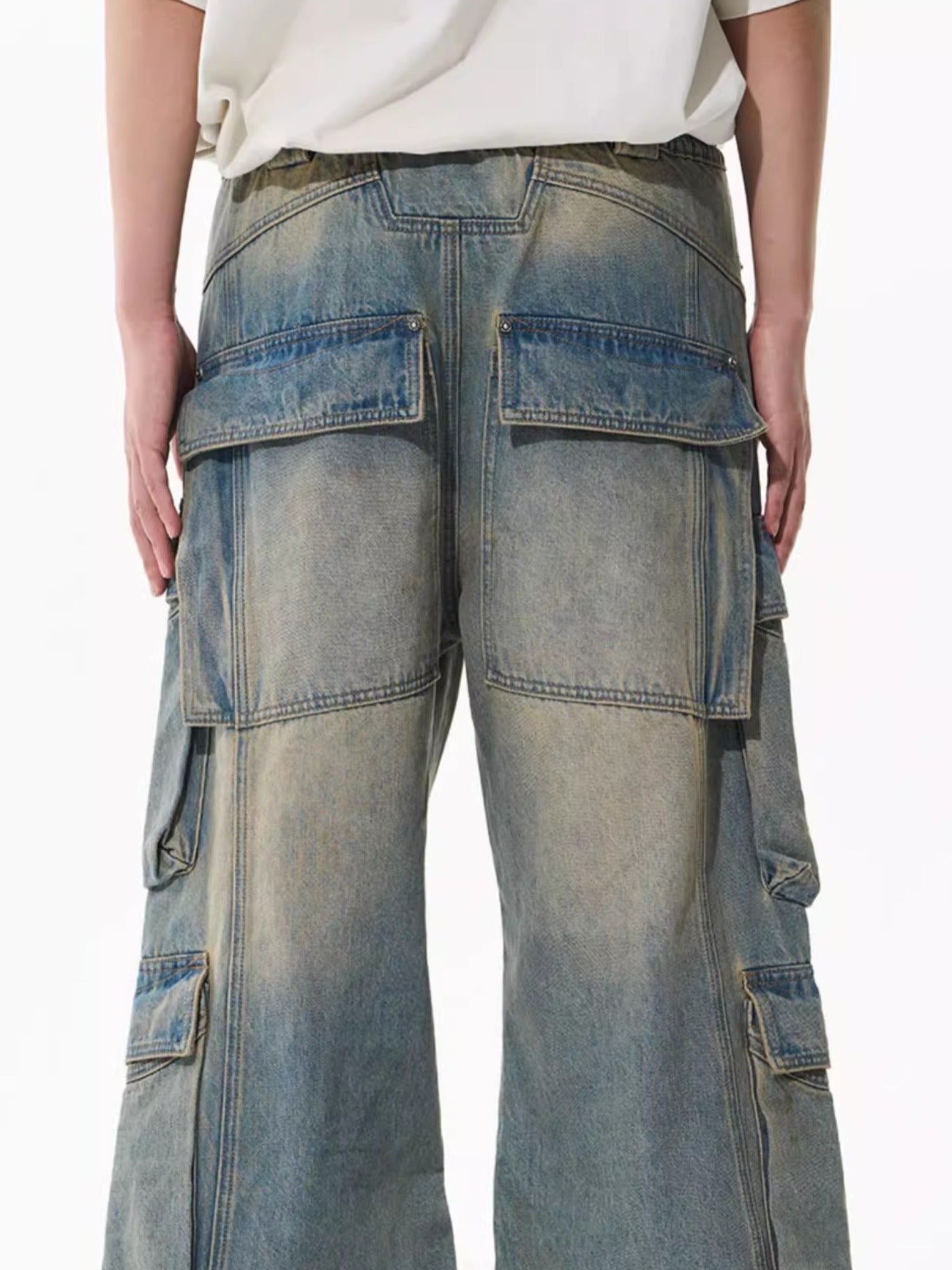 Washed Pocket-Panel Straight-Leg Denim Cargo Pants