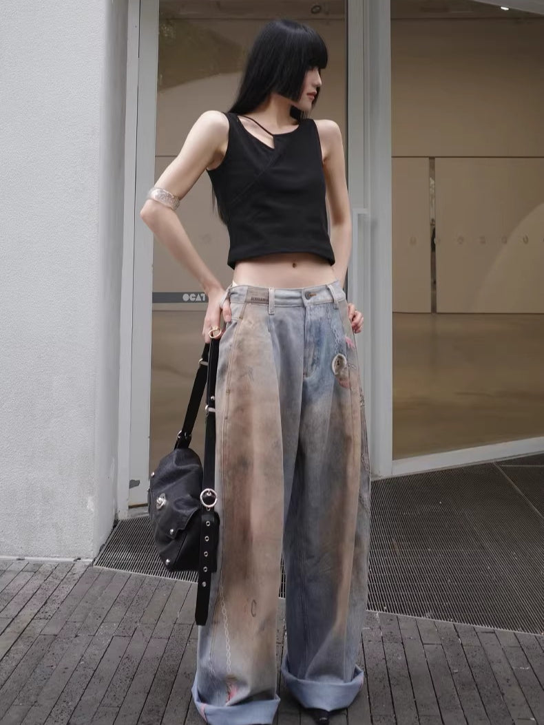 3D Ocean Print Oversized Denim Pants